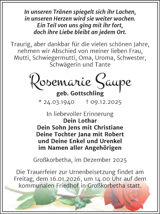 Traueranzeige von Rosemarie Saupe von Trauerkombi Weißenfels