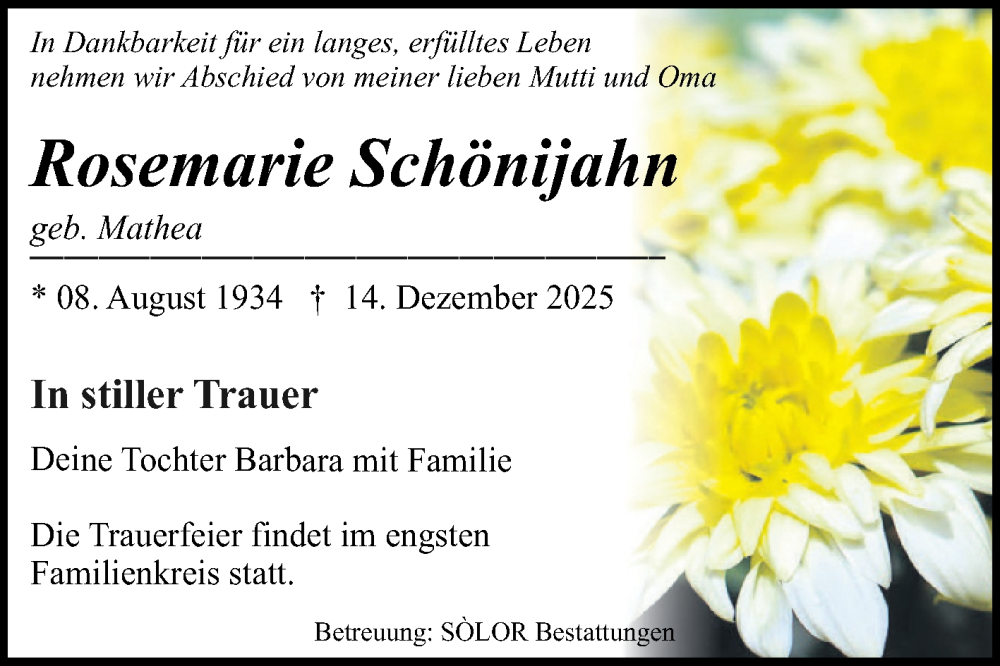  Traueranzeige für Rosemarie Schönijahn vom 20.12.2025 aus Volksstimme Magdeburg