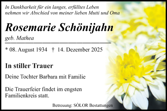 Traueranzeige von Rosemarie Schönijahn von Volksstimme Magdeburg