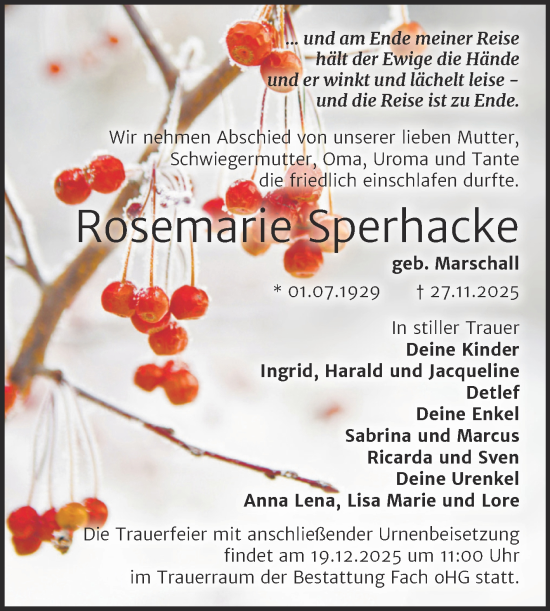Traueranzeige von Rosemarie Sperhacke von Trauerkombi Merseburg
