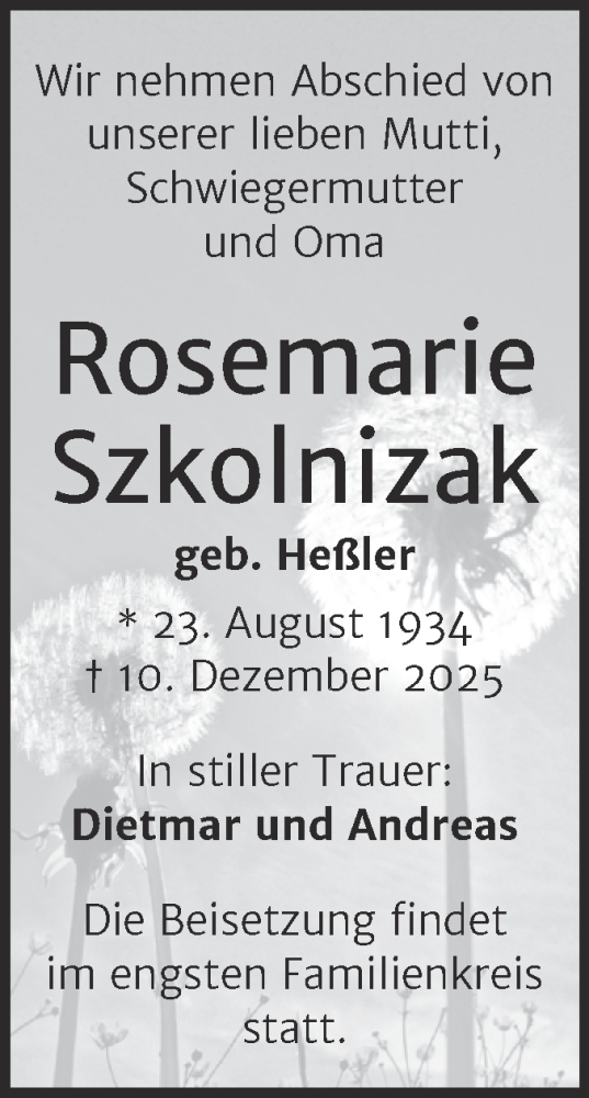 Traueranzeige von Rosemarie Szkolnizak von Mitteldeutsche Zeitung Halle/Saalkreis