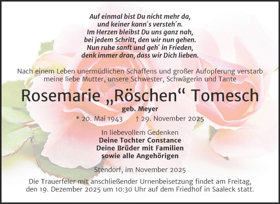 Traueranzeige von Rosemarie Tomesch von Super Sonntag Naumburg/Nebra