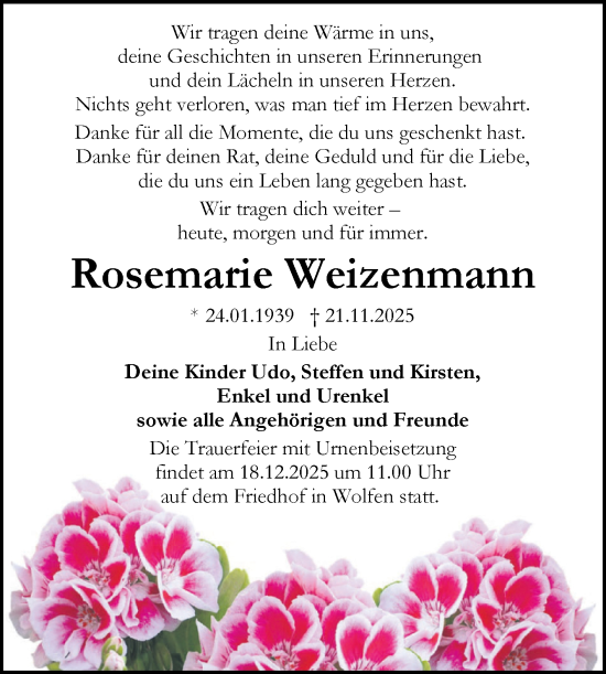 Traueranzeige von Rosemarie Weizenmann von Trauerkombi Bitterfeld
