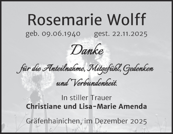 Traueranzeige von Rosemarie Wolff von Trauerkombi Wittenberg