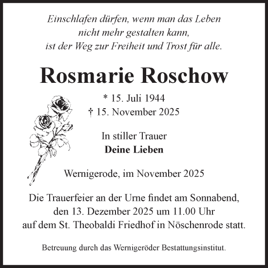 Traueranzeige von Rosmarie Roschow von Volksstimme Wernigerode