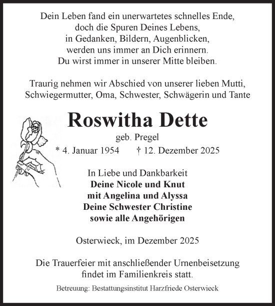 Traueranzeige von Roswitha Dette von Volksstimme Halberstadt