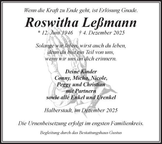 Traueranzeige von Roswitha Leßmann von Volksstimme Halberstadt