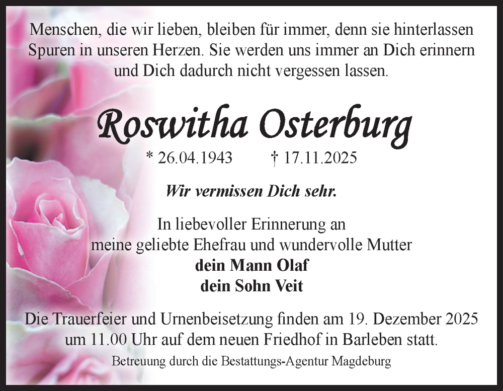  Traueranzeige für Roswitha Osterburg vom 13.12.2025 aus Volksstimme Magdeburg