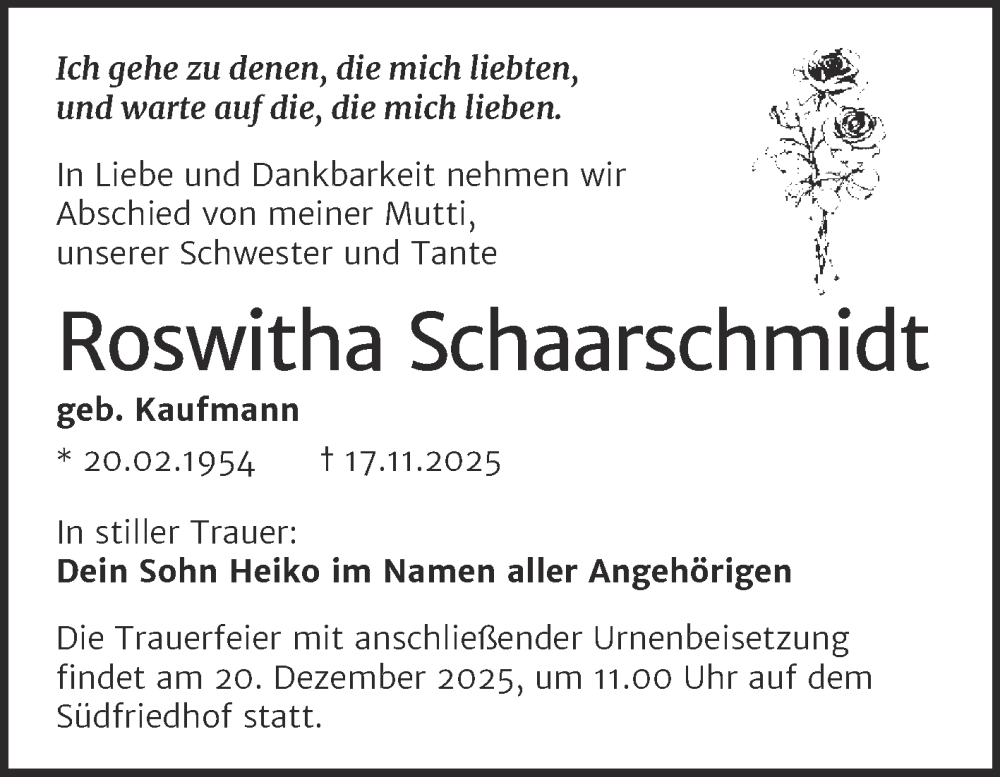  Traueranzeige für Roswitha Schaarschmidt vom 06.12.2025 aus Mitteldeutsche Zeitung Halle/Saalkreis