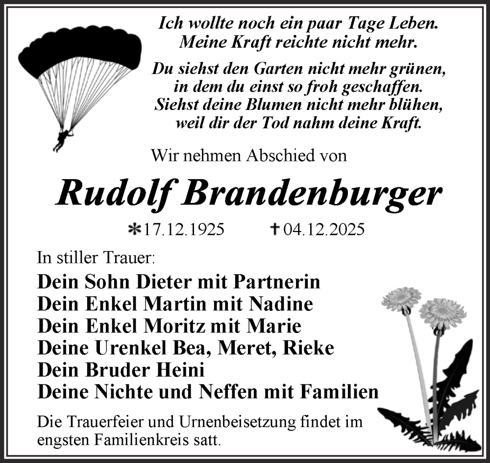  Traueranzeige für Rudolf Brandenburger vom 13.12.2025 aus Trauerkombi Dessau
