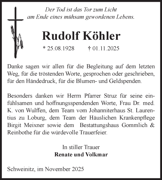 Traueranzeige von Rudolf Köhler von Volksstimme Zerbst