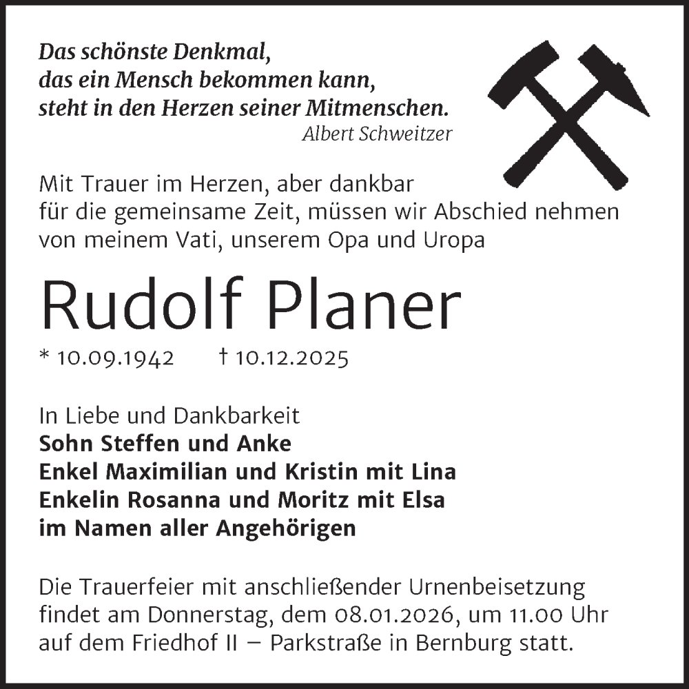  Traueranzeige für Rudolf Planer vom 20.12.2025 aus Trauerkombi Bernburg
