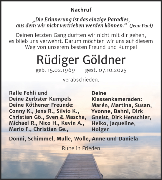 Traueranzeige von Rüdiger Göldner von Trauerkombi Köthen