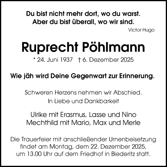 Traueranzeige von Ruprecht Pöhlmann von Volksstimme Burg/Genthin