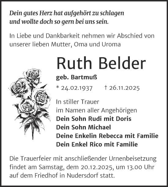 Traueranzeige von Ruth Belder von Trauerkombi Wittenberg