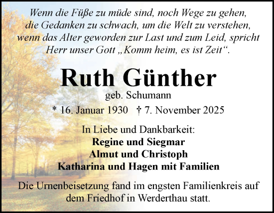 Traueranzeige von Ruth Günther von Mitteldeutsche Zeitung Halle/Saalkreis
