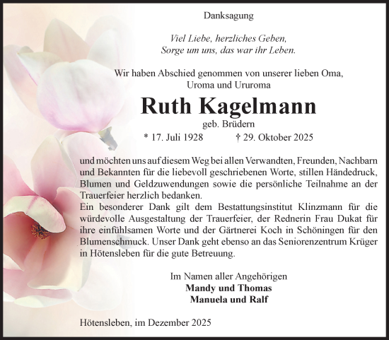 Traueranzeige von Ruth Kagelmann von Volksstimme Oschersleben/Wanzleben
