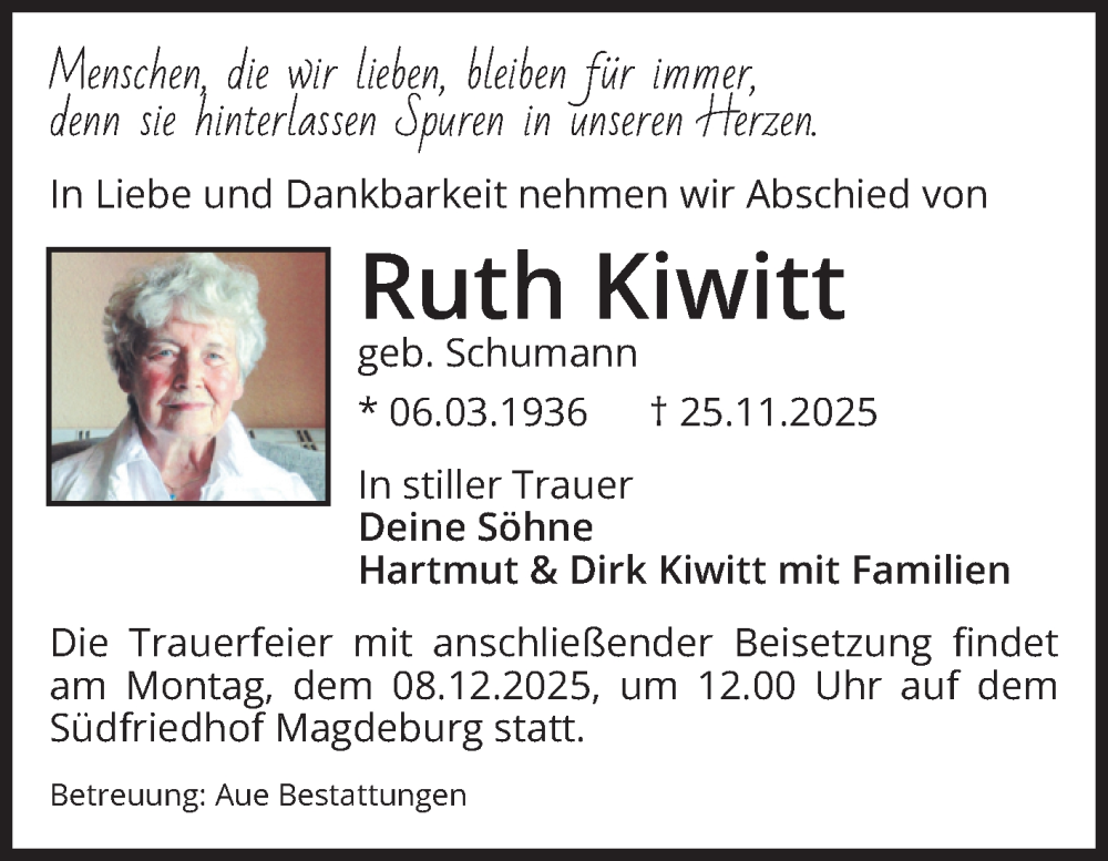  Traueranzeige für Ruth Kiwitt vom 29.11.2025 aus Volksstimme Magdeburg