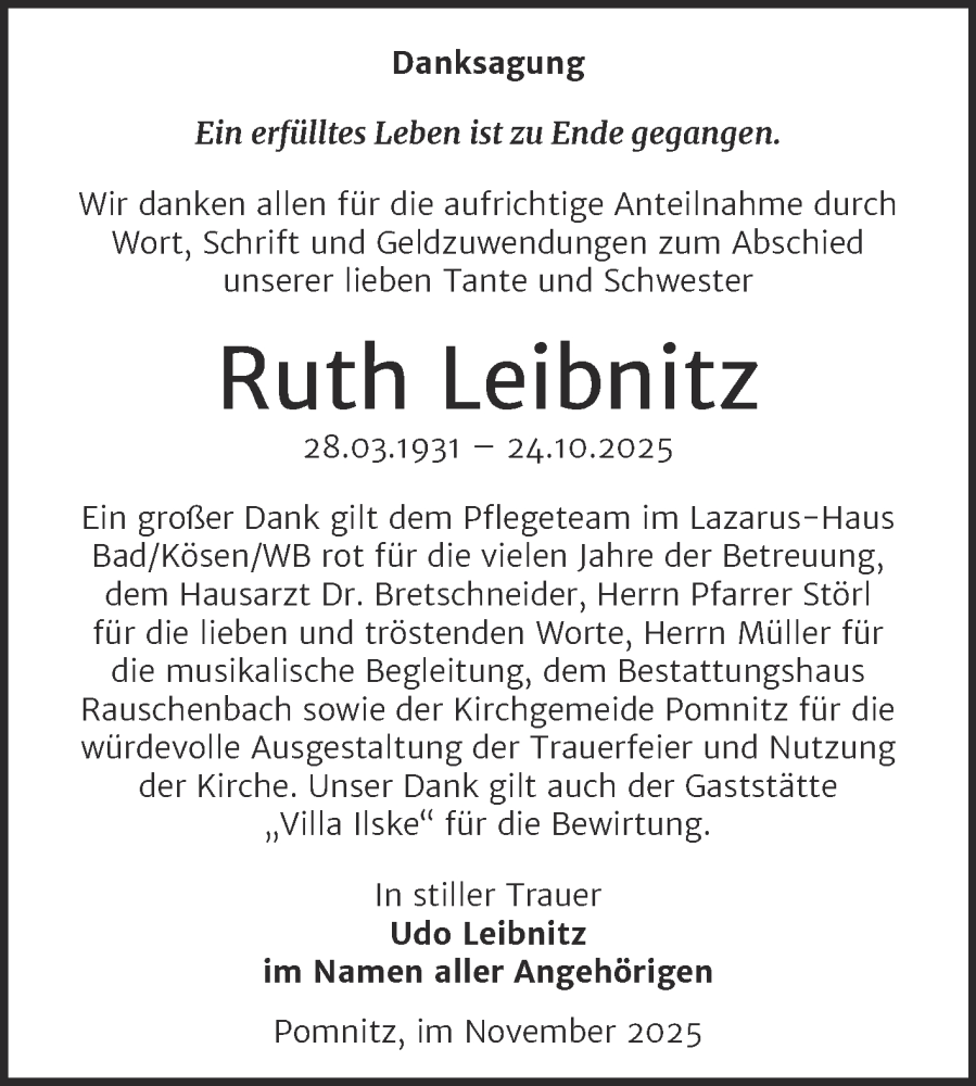  Traueranzeige für Ruth Leibnitz vom 06.12.2025 aus Super Sonntag Naumburg/Nebra