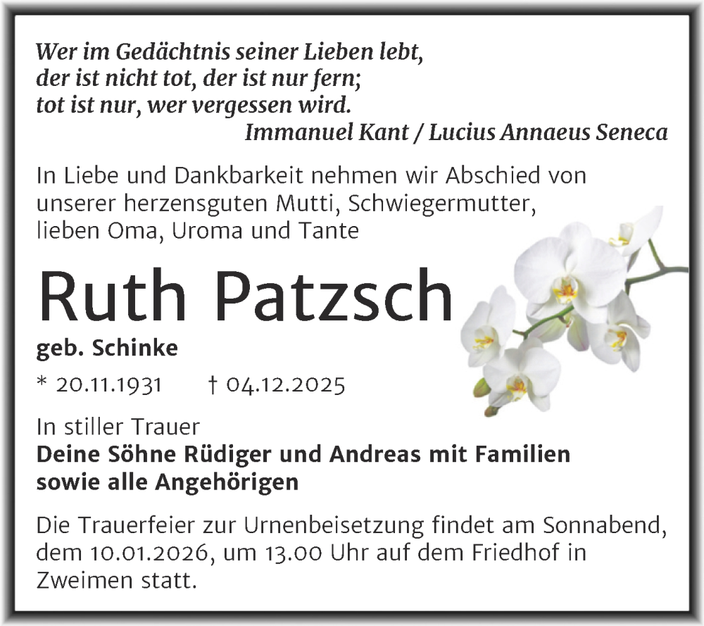  Traueranzeige für Ruth Patzsch vom 20.12.2025 aus Trauerkombi Merseburg