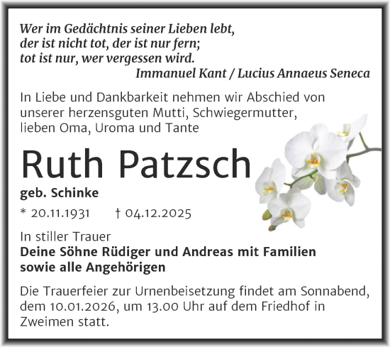 Traueranzeige von Ruth Patzsch von Trauerkombi Merseburg
