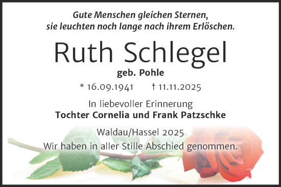 Traueranzeige von Ruth Schlegel von Mitteldeutsche Zeitung Zeitz