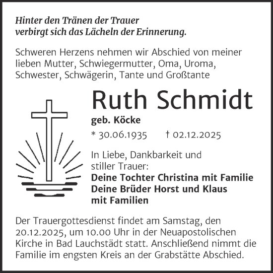 Traueranzeige von Ruth Schmidt von Trauerkombi Merseburg
