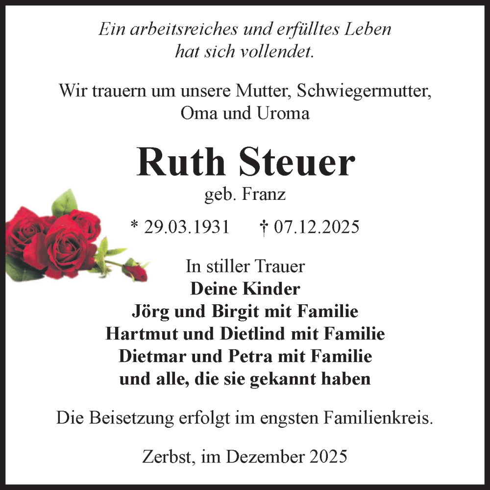 Traueranzeige für Ruth Steuer vom 13.12.2025 aus Volksstimme Zerbst