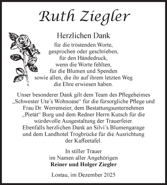 Traueranzeige von Ruth Ziegler 