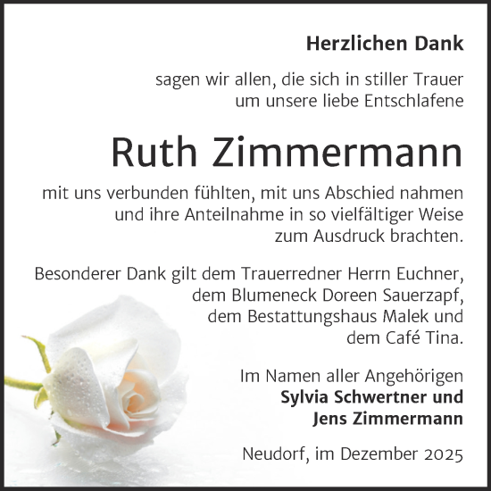 Traueranzeige von Ruth Zimmermann von Trauerkombi Quedlinburg