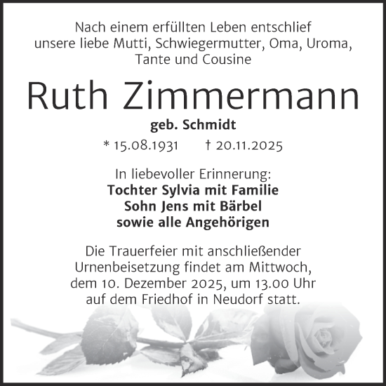 Traueranzeige von Ruth Zimmermann von Trauerkombi Quedlinburg