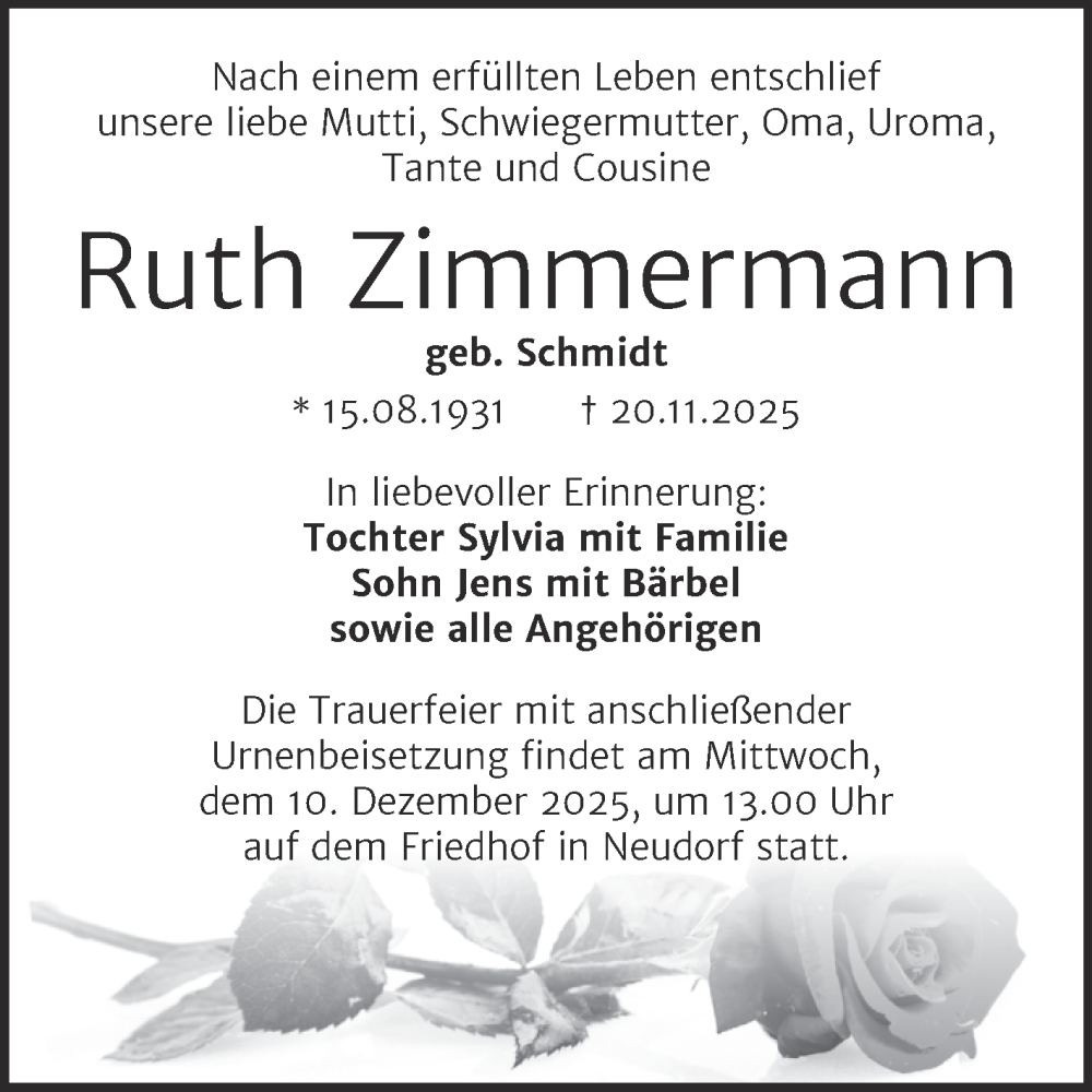  Traueranzeige für Ruth Zimmermann vom 29.11.2025 aus Trauerkombi Quedlinburg