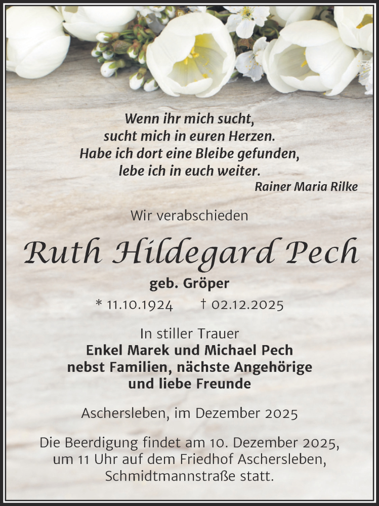  Traueranzeige für Ruth Hildegard Pech vom 06.12.2025 aus Mitteldeutsche Zeitung Aschersleben