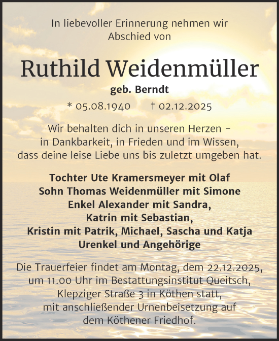 Traueranzeige von Ruthild Weidenmüller von Trauerkombi Köthen