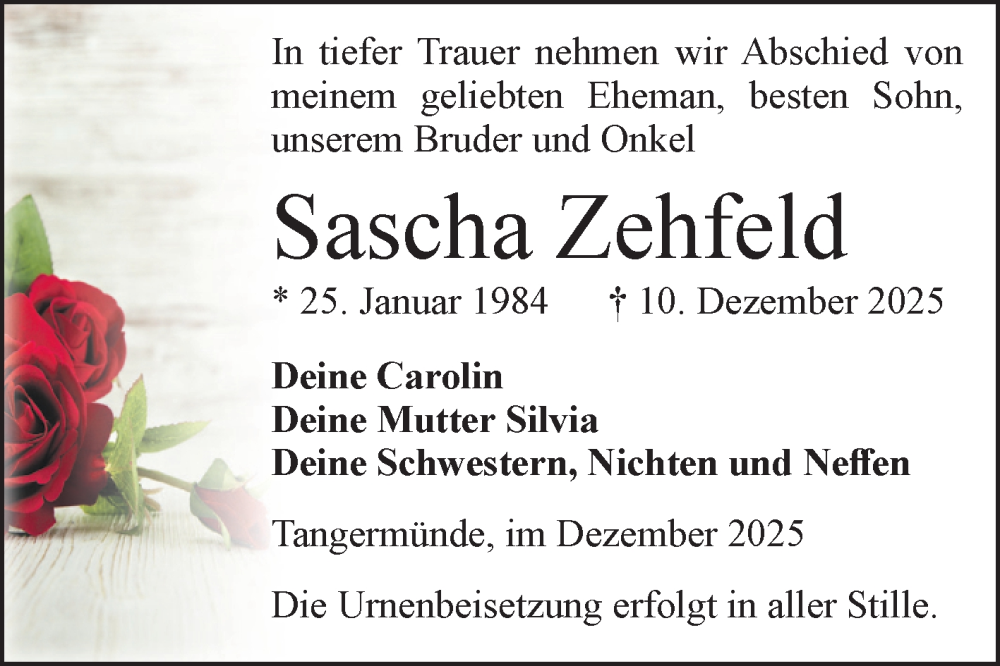  Traueranzeige für Sascha Zehfeld vom 13.12.2025 aus Volksstimme Altmark Ost