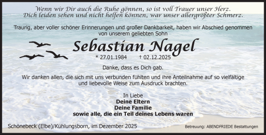 Traueranzeige von Sebastian Nagel von Volksstimme Schönebeck