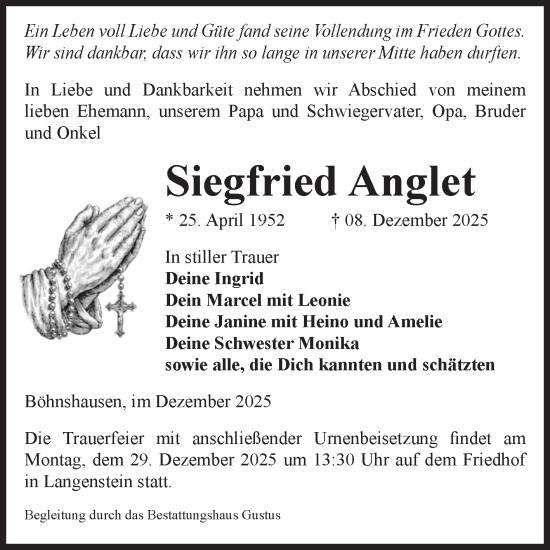 Traueranzeige von Siegfried Anglet von Volksstimme Halberstadt