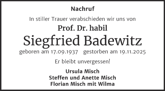 Traueranzeige von Siegfried Badewitz von Mitteldeutsche Zeitung Halle/Saalkreis