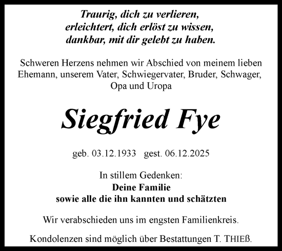 Traueranzeige von Siegfried Fye von Trauerkombi Quedlinburg