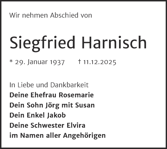 Traueranzeige von Siegfried Harnisch von Trauerkombi Weißenfels