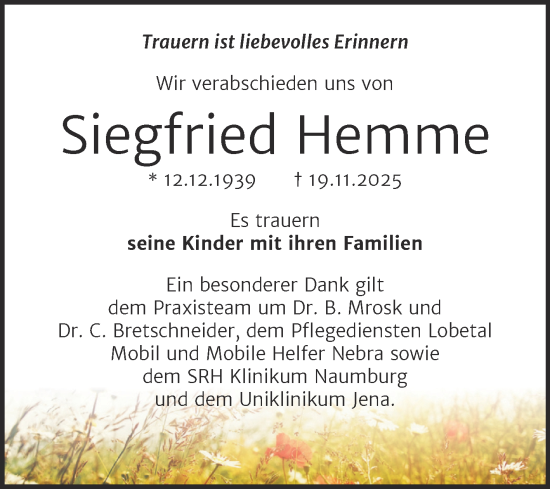 Traueranzeige von Siegfried Hemme von Naumburger Tageblatt