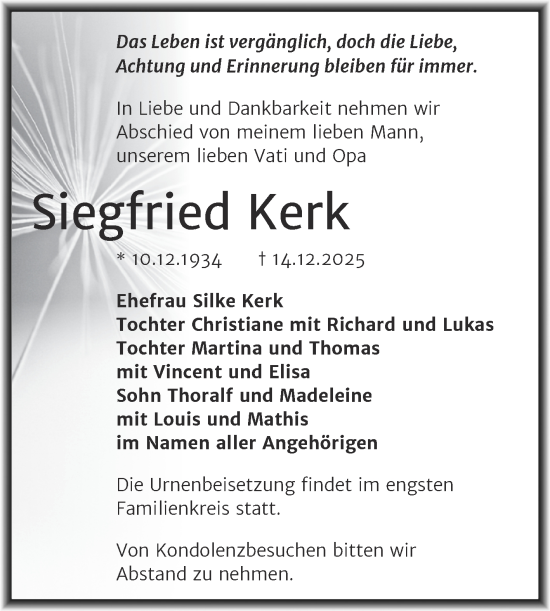 Traueranzeige von Siegfried Kerk von Trauerkombi Zeitz