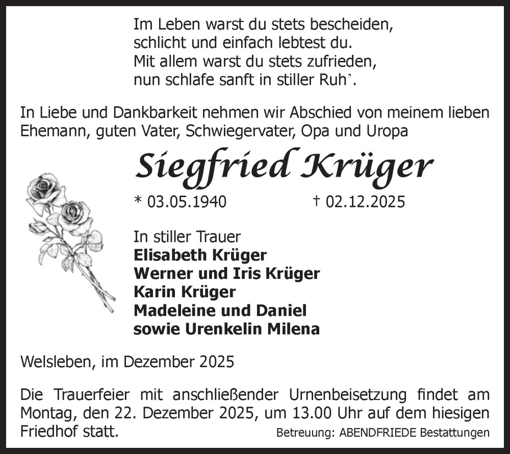  Traueranzeige für Siegfried Krüger vom 06.12.2025 aus Volksstimme Schönebeck