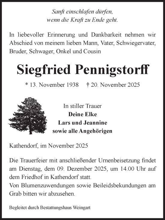 Traueranzeige von Siegfried Pennigstorff von Volksstimme Haldensleben/Wolmirstedt