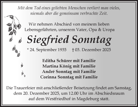 Traueranzeige von Siegfried Sonntag von Volksstimme Magdeburg