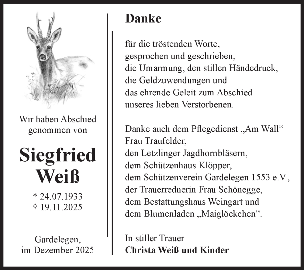  Traueranzeige für Siegfried Weiß vom 20.12.2025 aus Volksstimme Altmark West