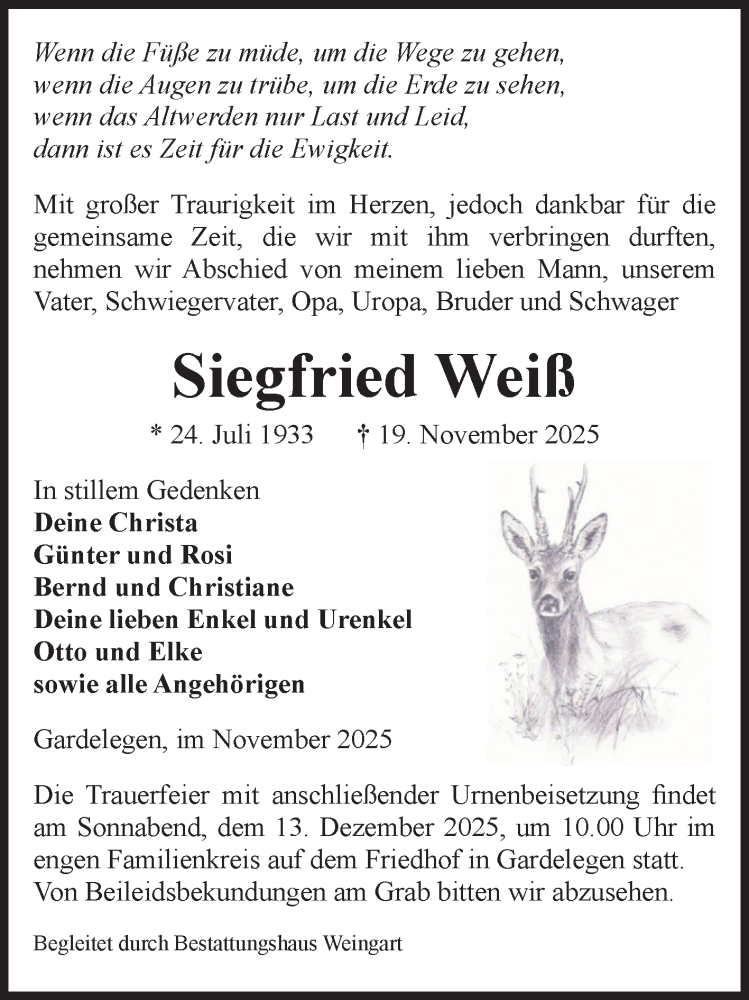  Traueranzeige für Siegfried Weiß vom 27.11.2025 aus Volksstimme Altmark West
