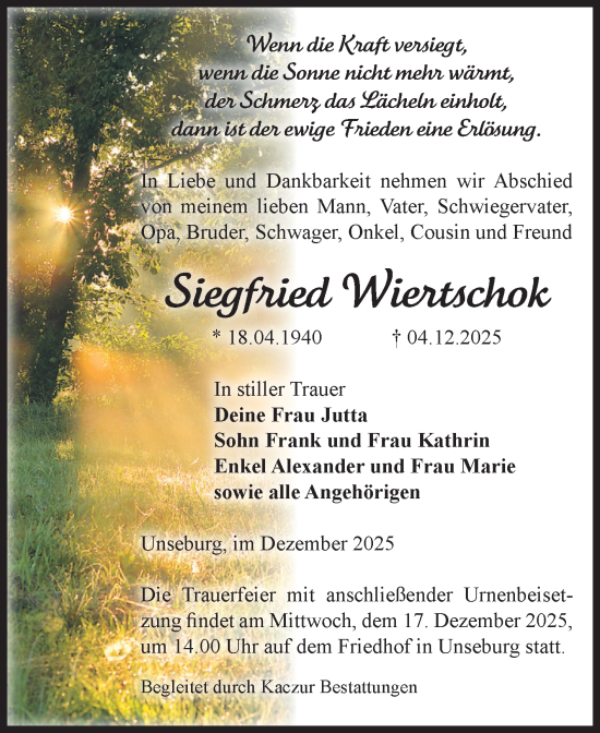 Traueranzeige von Siegfried Wiertschok von Volksstimme Staßfurt