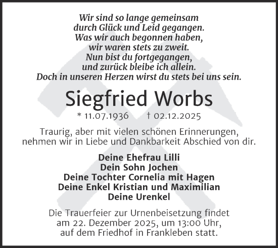 Traueranzeige von Siegfried Worbs von Trauerkombi Merseburg