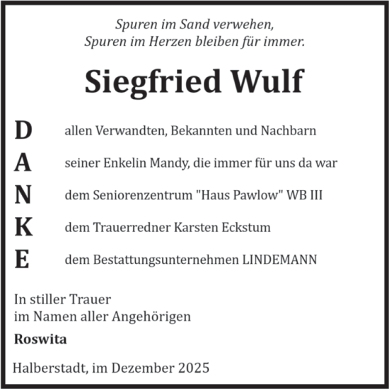 Traueranzeige von Siegfried Wulf von Volksstimme Halberstadt